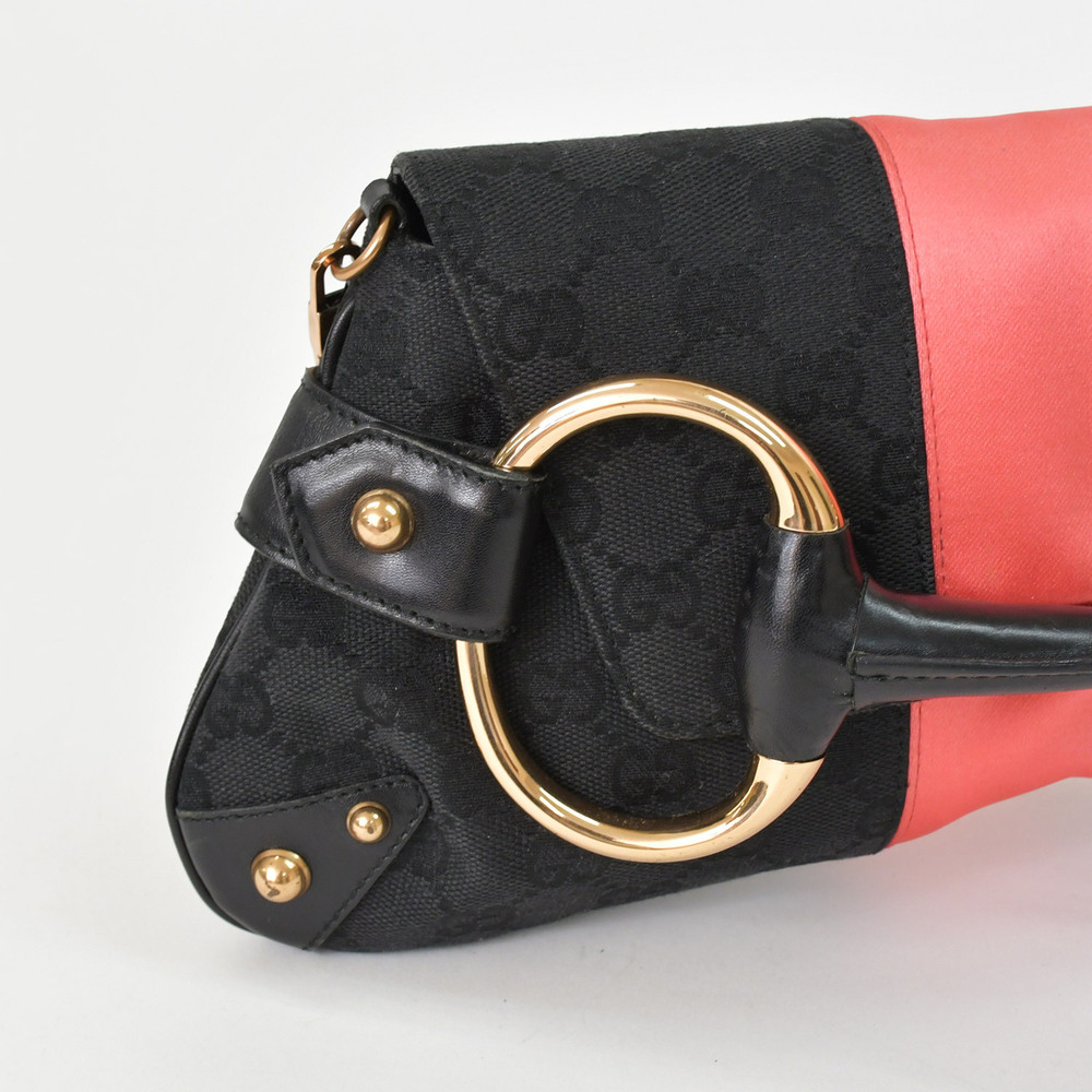 GUCCI One Shoulder Hobo Bag Black Pink GG Canvas Leather - Picture 7 of 10